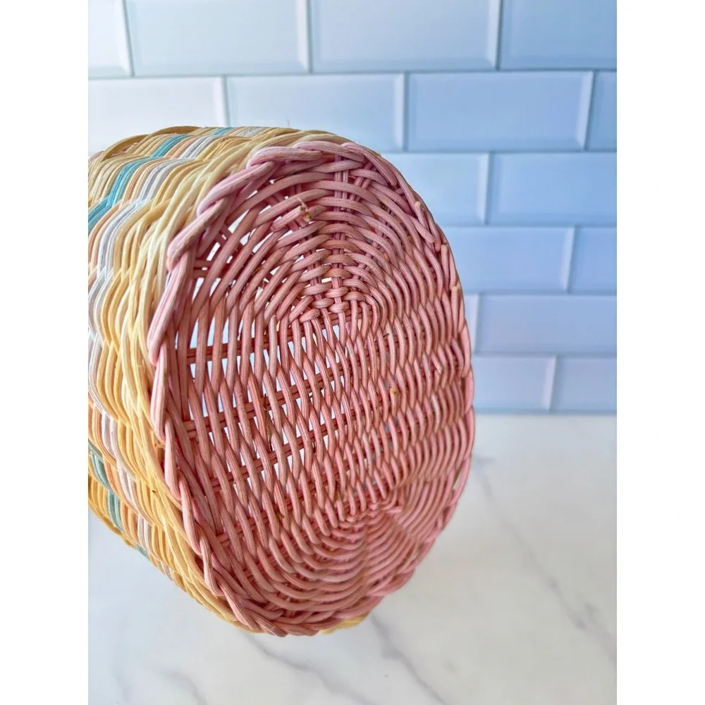 Vintage Woven Wicker Duck Basket Pastel Pink Blue Figural Animal Easter Decor